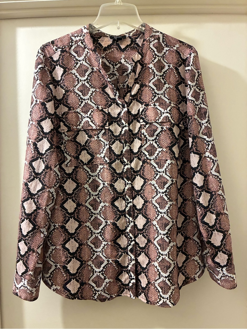 Jones New York Pink and Black Snake-Print Button Front Blouse